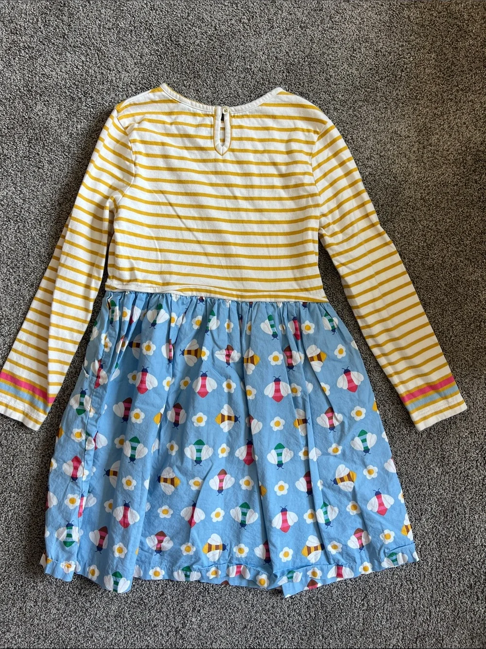 Mini Boden Yellow-Striped Top with Blue Floral & Bee Skirt Dress